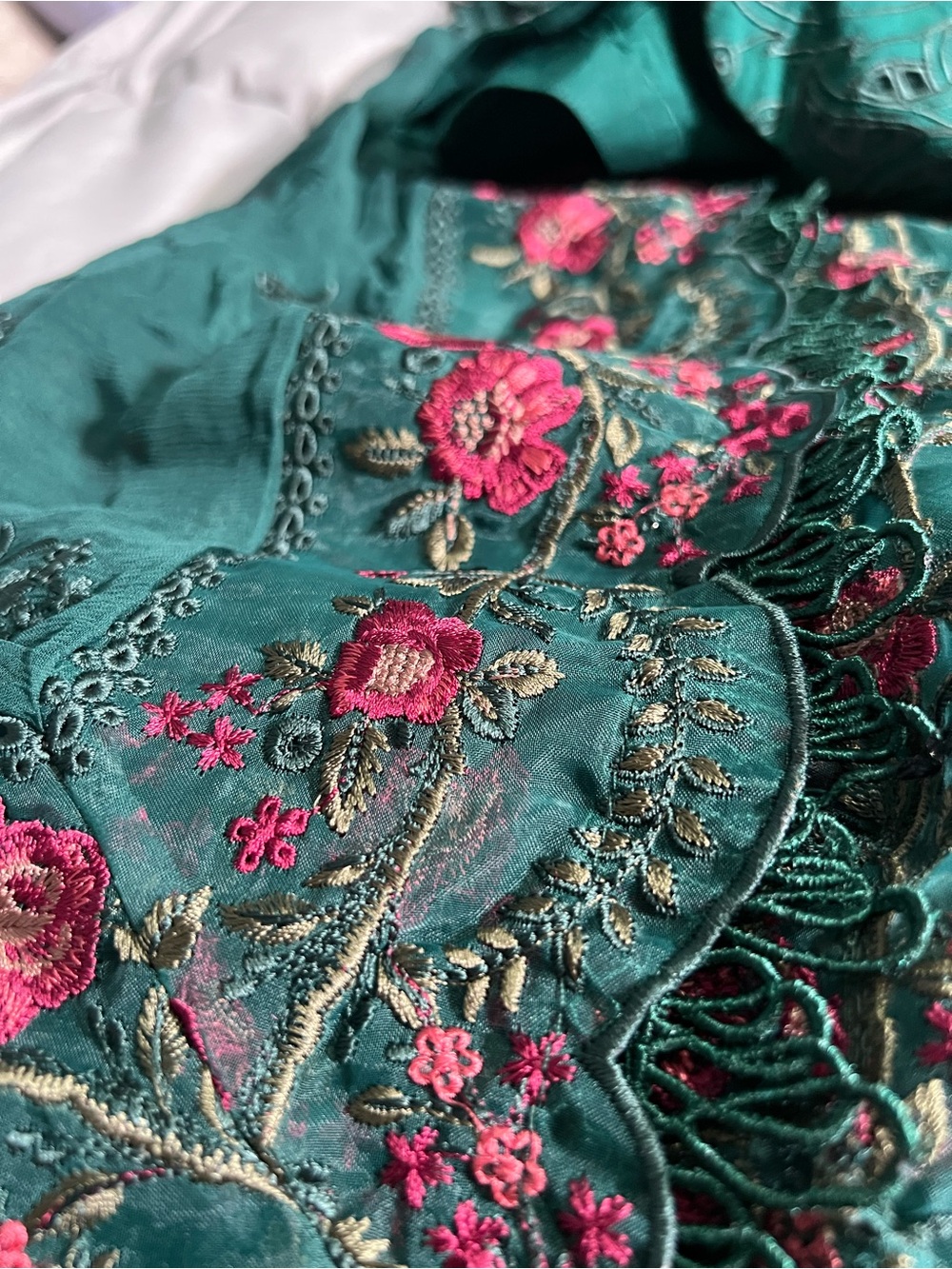 Embroidered Emerald Green Traditional Dress with Floral Scarf - Picture 7 of 7